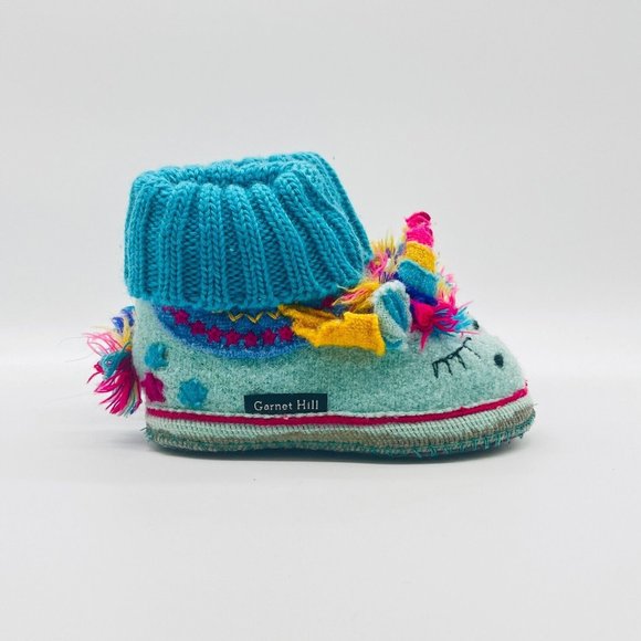 Garnet Hill Other - Garnet Hill Slippers Girls 7C Blue Pink Unicorn Wool Kids Slip-on Shoes